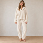Lounge Set - Women's Plush Shawl Collar Pullover & Tapered Pants - Cream