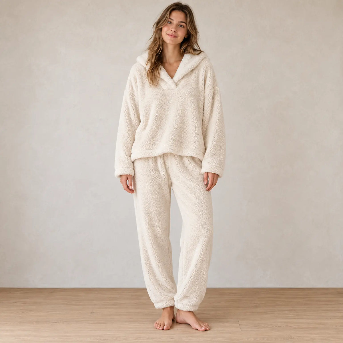 Lounge Set - Women's Plush Shawl Collar Pullover & Tapered Pants - Cream