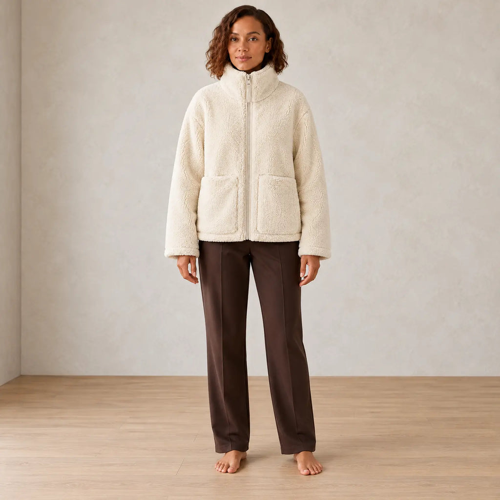 Women's Teddy Jacket - Oversized High-Neck Full-Zip Jacket with Patch Pockets - Ivory