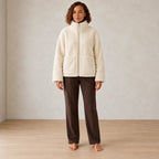 Women's Teddy Jacket - Oversized High-Neck Full-Zip Jacket with Patch Pockets - Ivory