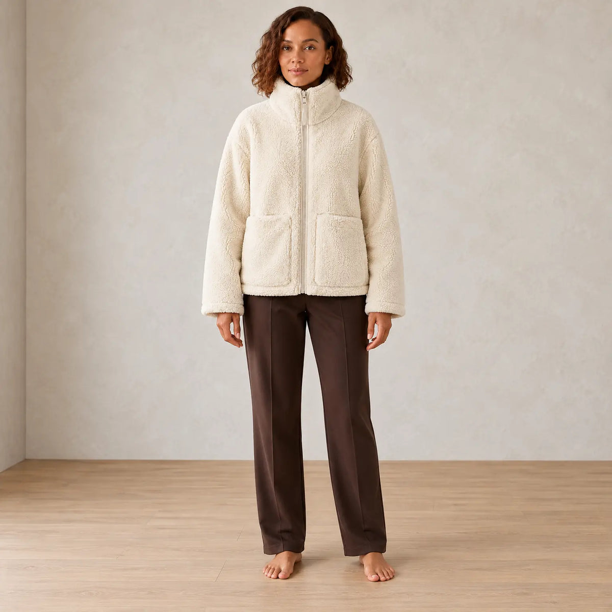 Women's Teddy Jacket - Oversized High-Neck Full-Zip Jacket with Patch Pockets - Ivory