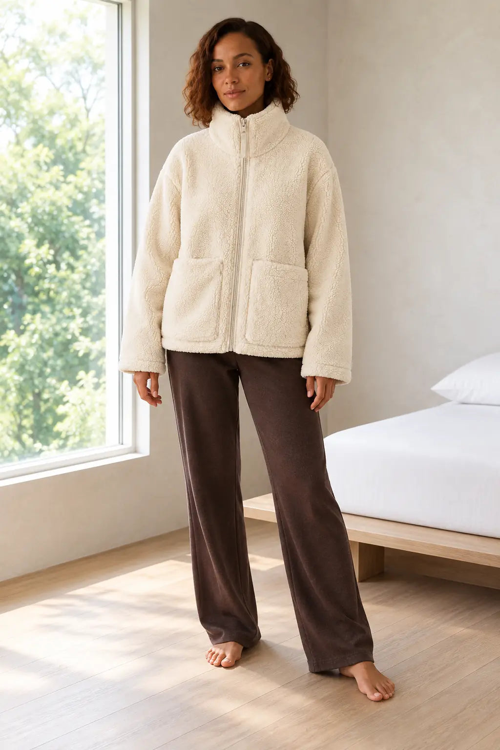 Women's Teddy Jacket - Oversized High-Neck Full-Zip Jacket with Patch Pockets - Ivory
