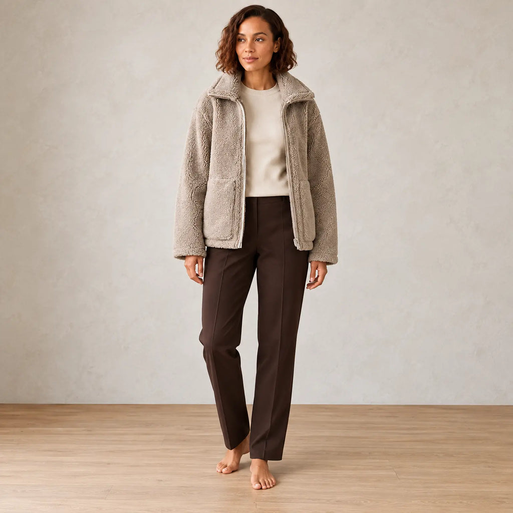 Women's Teddy Jacket - Oversized High-Neck Full-Zip Jacket with Patch Pockets - Stone