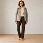 Women's Teddy Jacket - Oversized High-Neck Full-Zip Jacket with Patch Pockets - Stone