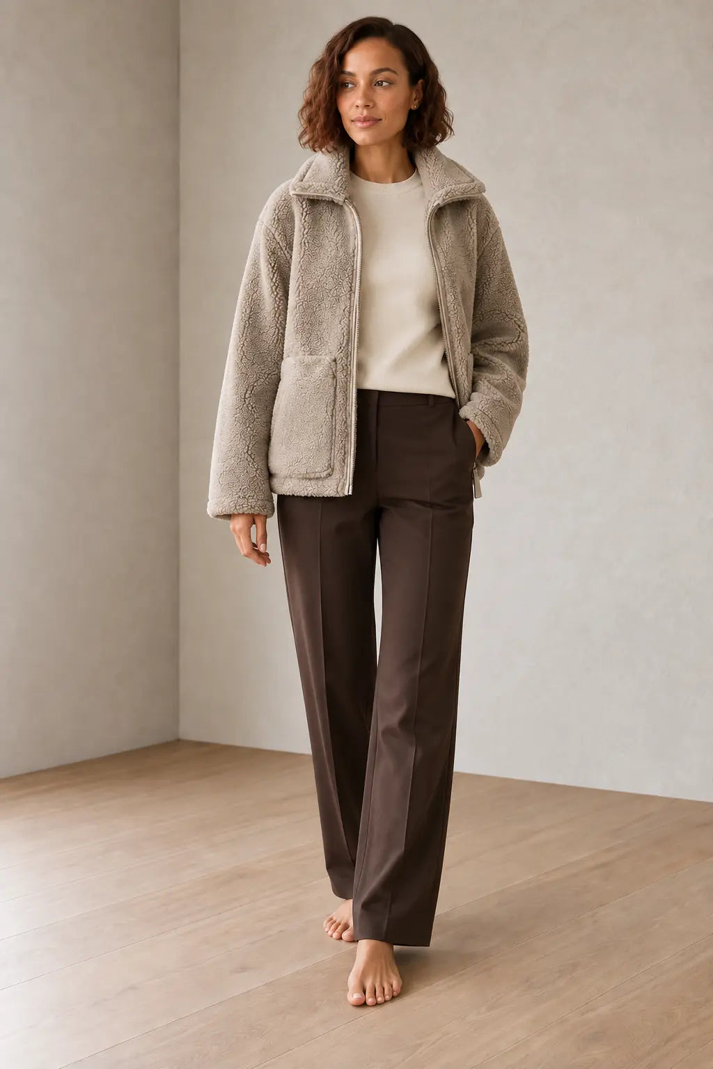 Women's Teddy Jacket - Oversized High-Neck Full-Zip Jacket with Patch Pockets - Stone