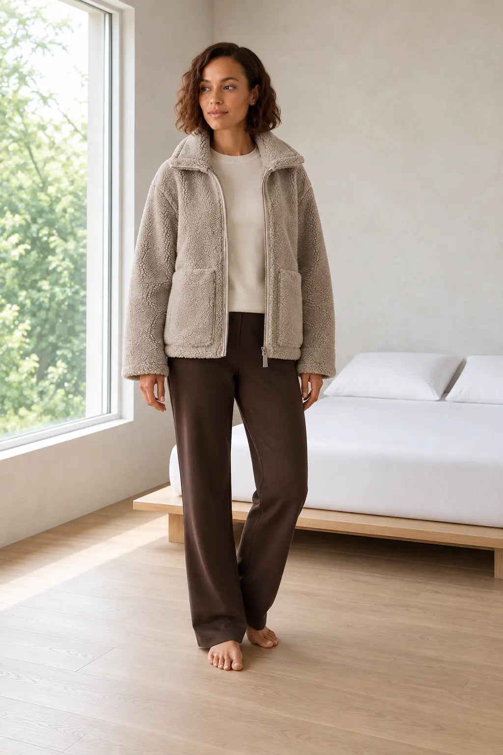 Women's Teddy Jacket - Oversized High-Neck Full-Zip Jacket with Patch Pockets - Stone