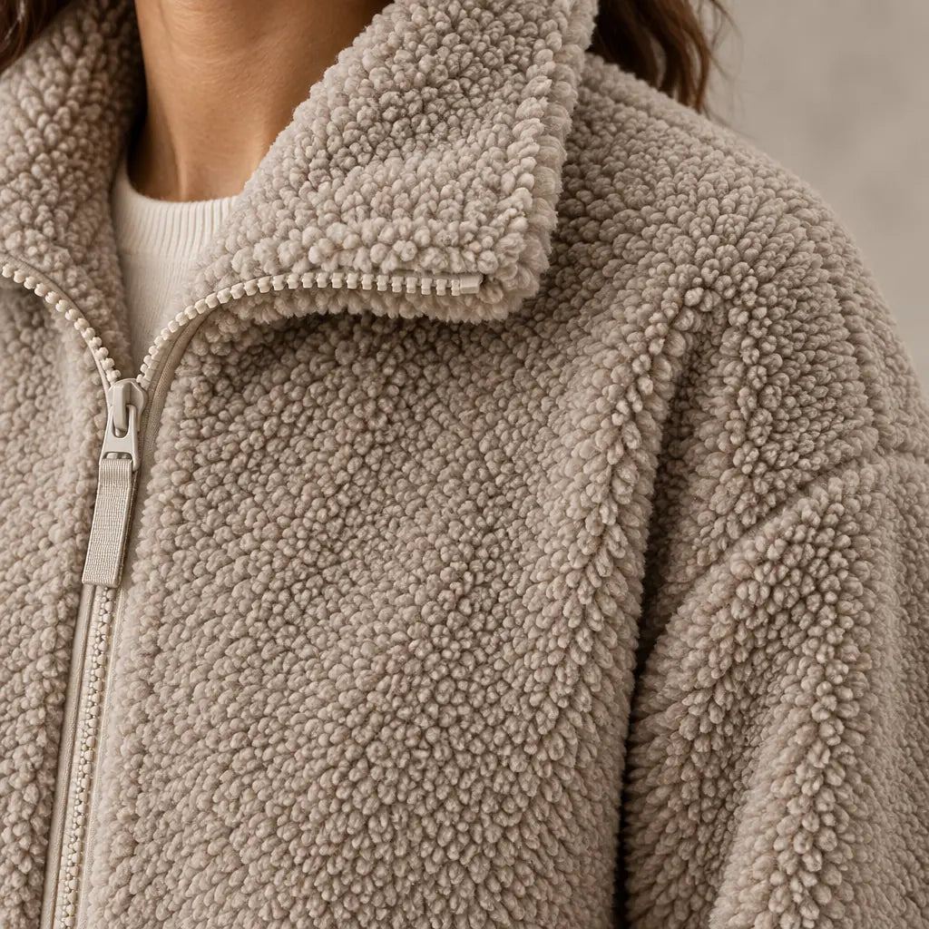 Women's Teddy Jacket - Oversized High-Neck Full-Zip Jacket with Patch Pockets - Stone