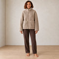 Women's Teddy Jacket - Oversized High-Neck Full-Zip Jacket with Patch Pockets - Taupe