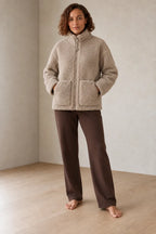 Women's Teddy Jacket - Oversized High-Neck Full-Zip Jacket with Patch Pockets - Taupe