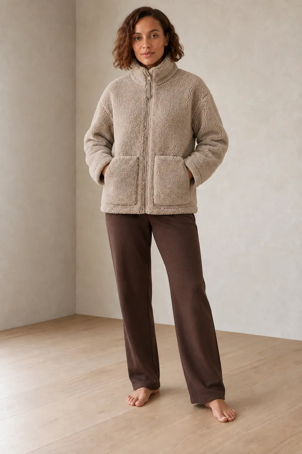 Women's Teddy Jacket - Oversized High-Neck Full-Zip Jacket with Patch Pockets - Taupe