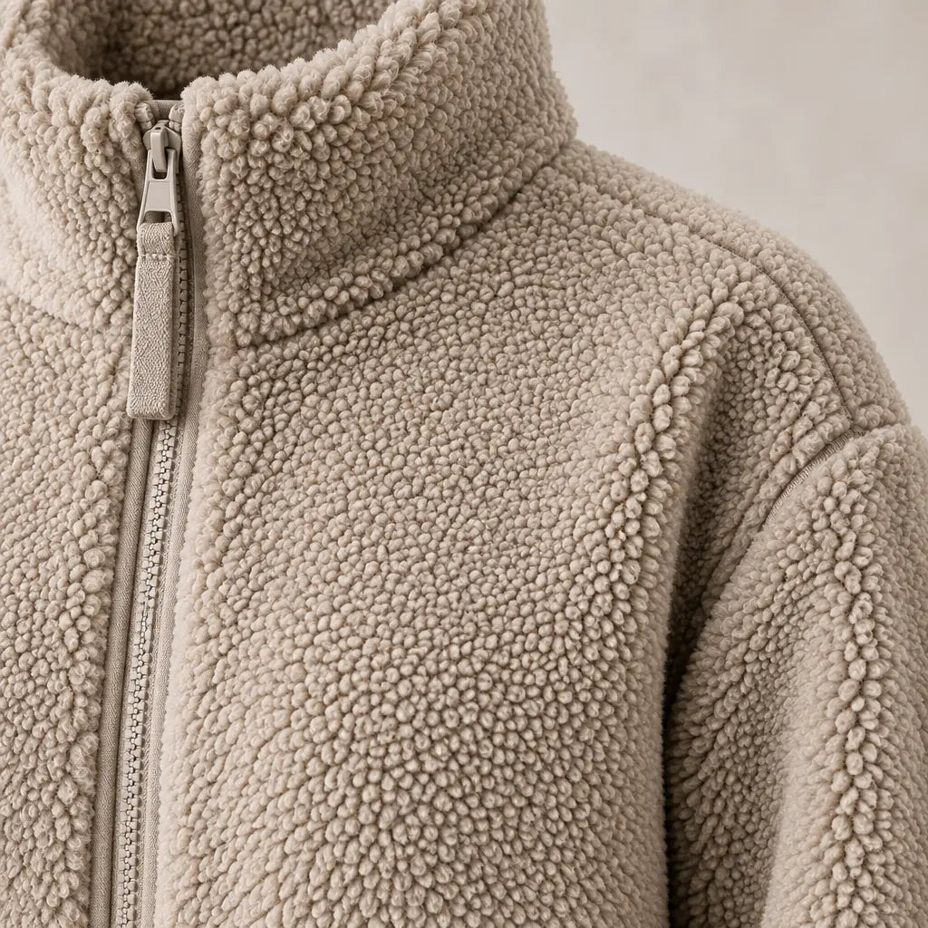 Women's Teddy Jacket - Oversized High-Neck Full-Zip Jacket with Patch Pockets - Taupe