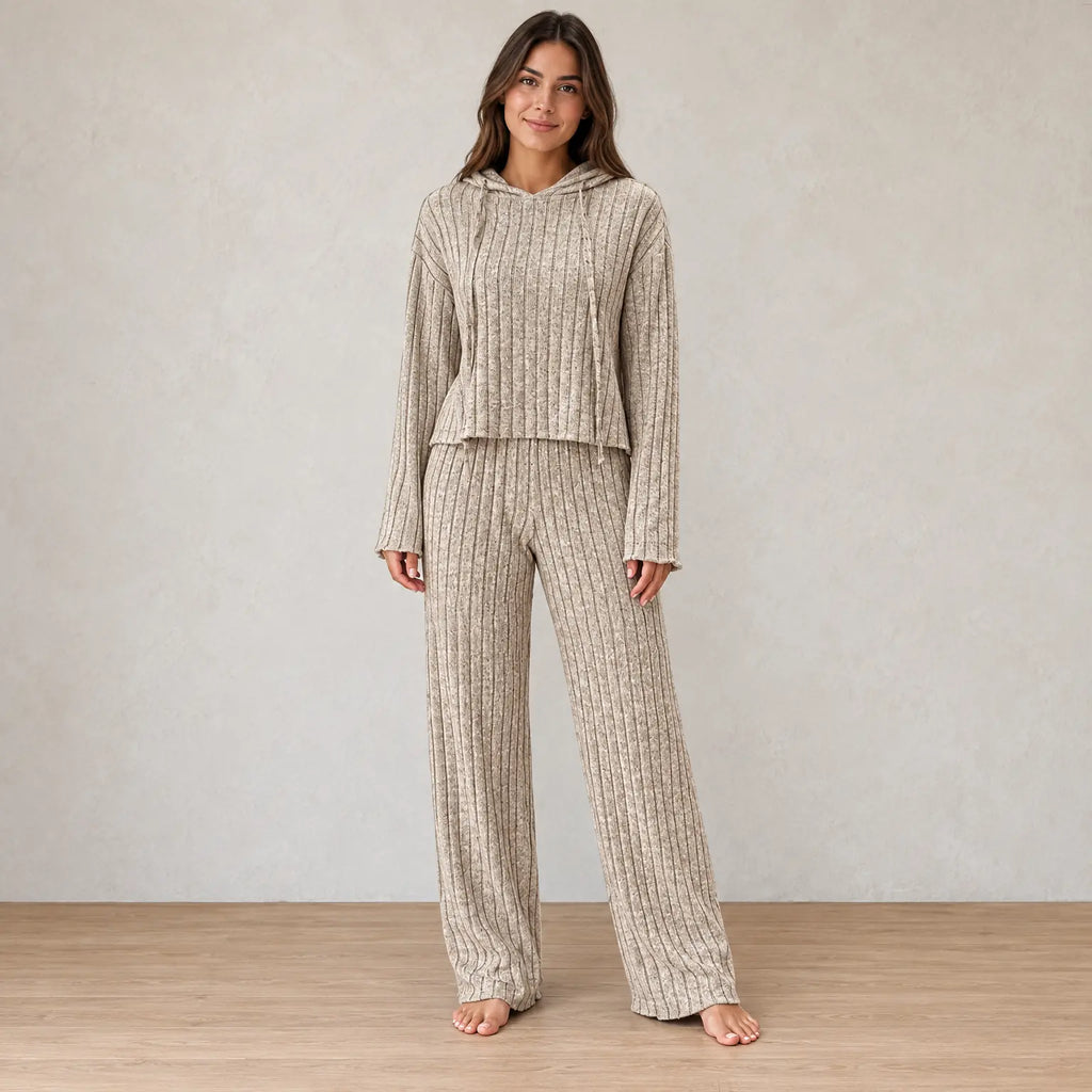 Lounge Set - Women's Ribbed Knit Hoodie & Wide-Leg Pants - Beige
