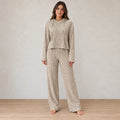 Lounge Set - Women's Ribbed Knit Hoodie & Wide-Leg Pants - Beige
