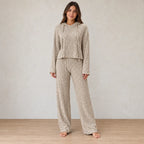 Lounge Set - Women's Ribbed Knit Hoodie & Wide-Leg Pants - Beige