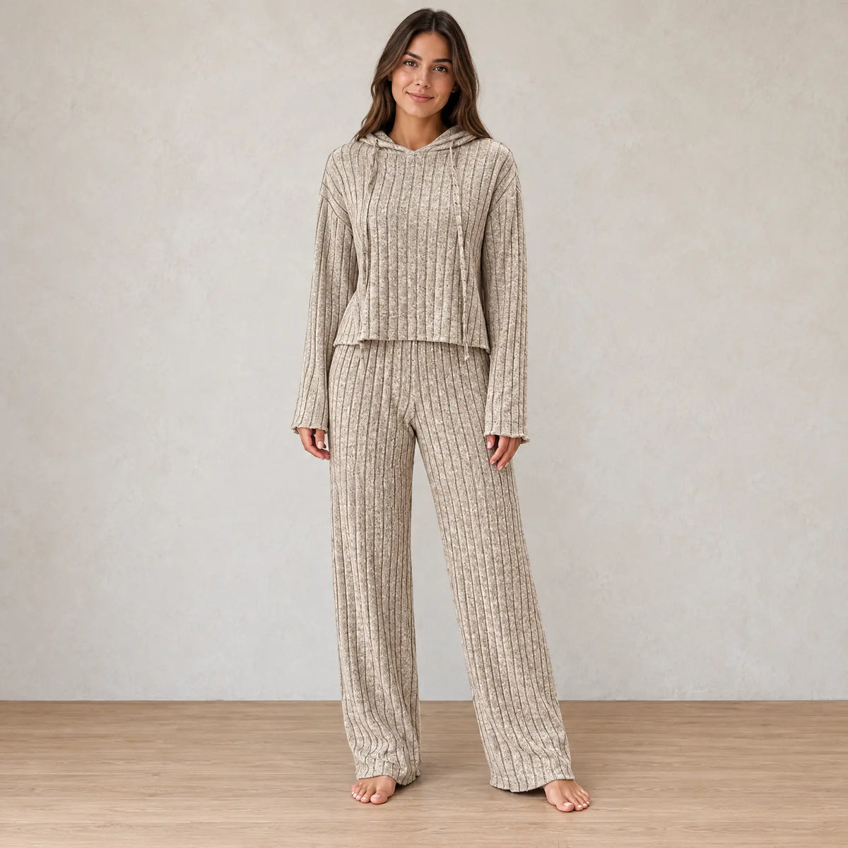 Lounge Set - Women's Ribbed Knit Hoodie & Wide-Leg Pants - Beige