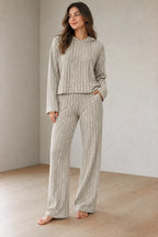 Lounge Set - Women's Ribbed Knit Hoodie & Wide-Leg Pants - Beige