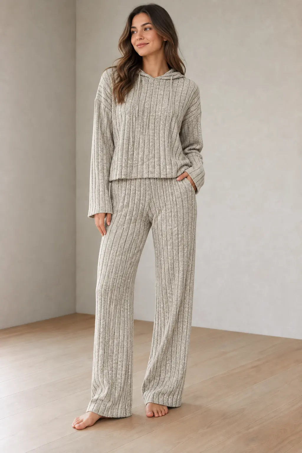 Lounge Set - Women's Ribbed Knit Hoodie & Wide-Leg Pants - Beige