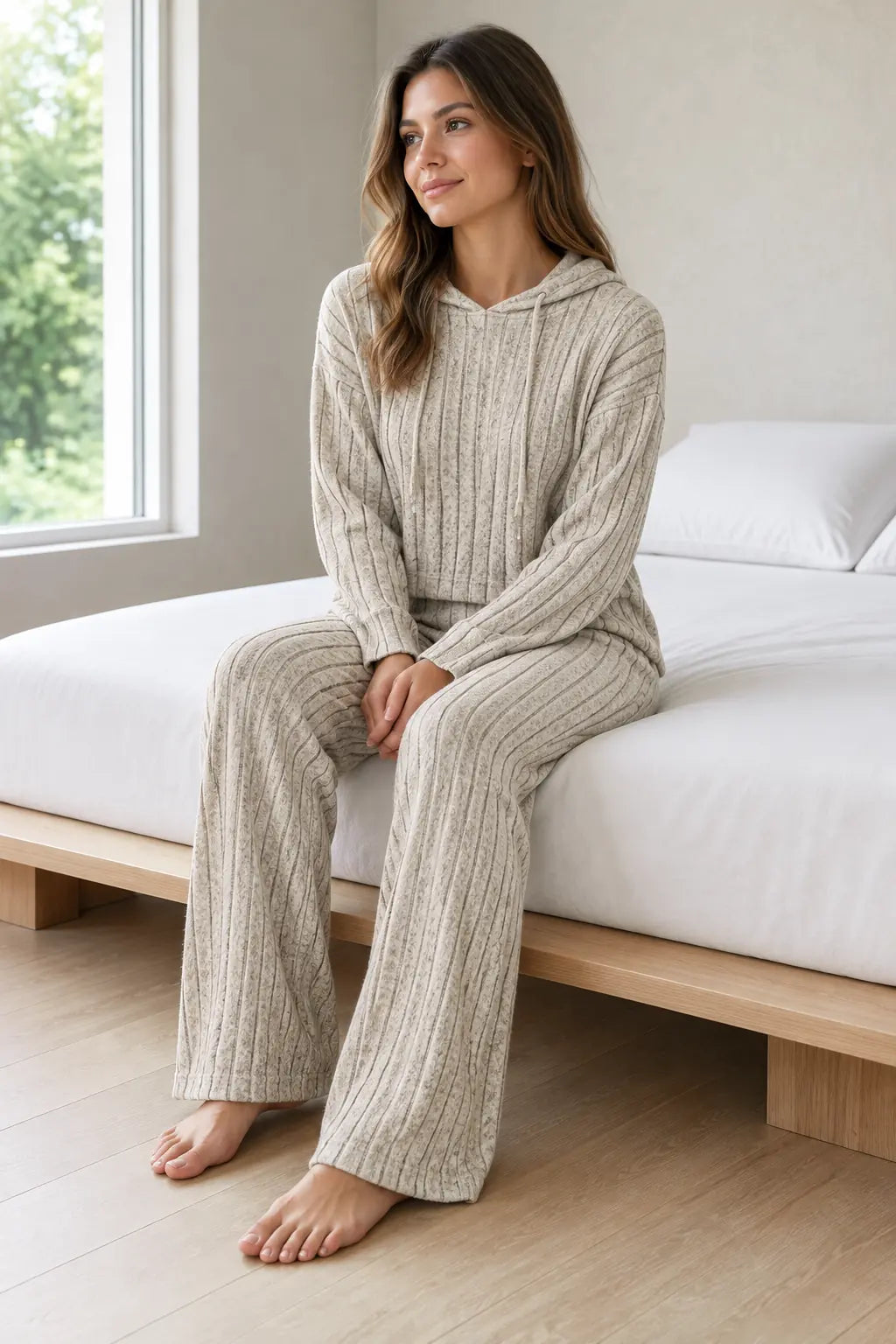 Lounge Set - Women's Ribbed Knit Hoodie & Wide-Leg Pants - Beige