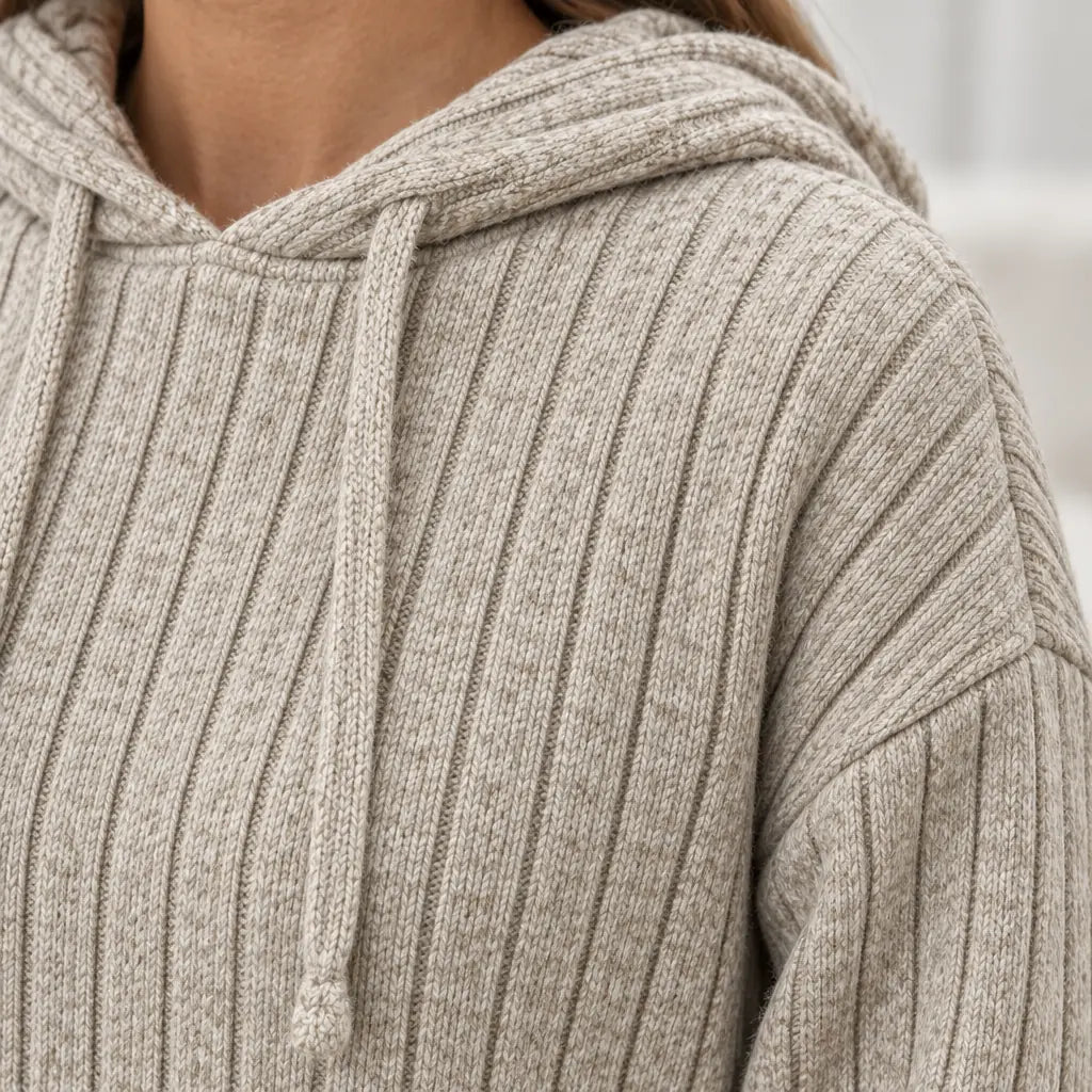 Lounge Set - Women's Ribbed Knit Hoodie & Wide-Leg Pants - Beige