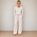 Lounge Set - Women's Brushed Knit V-Neck Top & Wide-Leg Pants - Cream