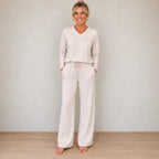 Lounge Set - Women's Brushed Knit V-Neck Top & Wide-Leg Pants - Cream