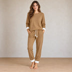 Lounge Set - Women's Sherpa-Lined Crewneck Sweatshirt & Joggers - Camel
