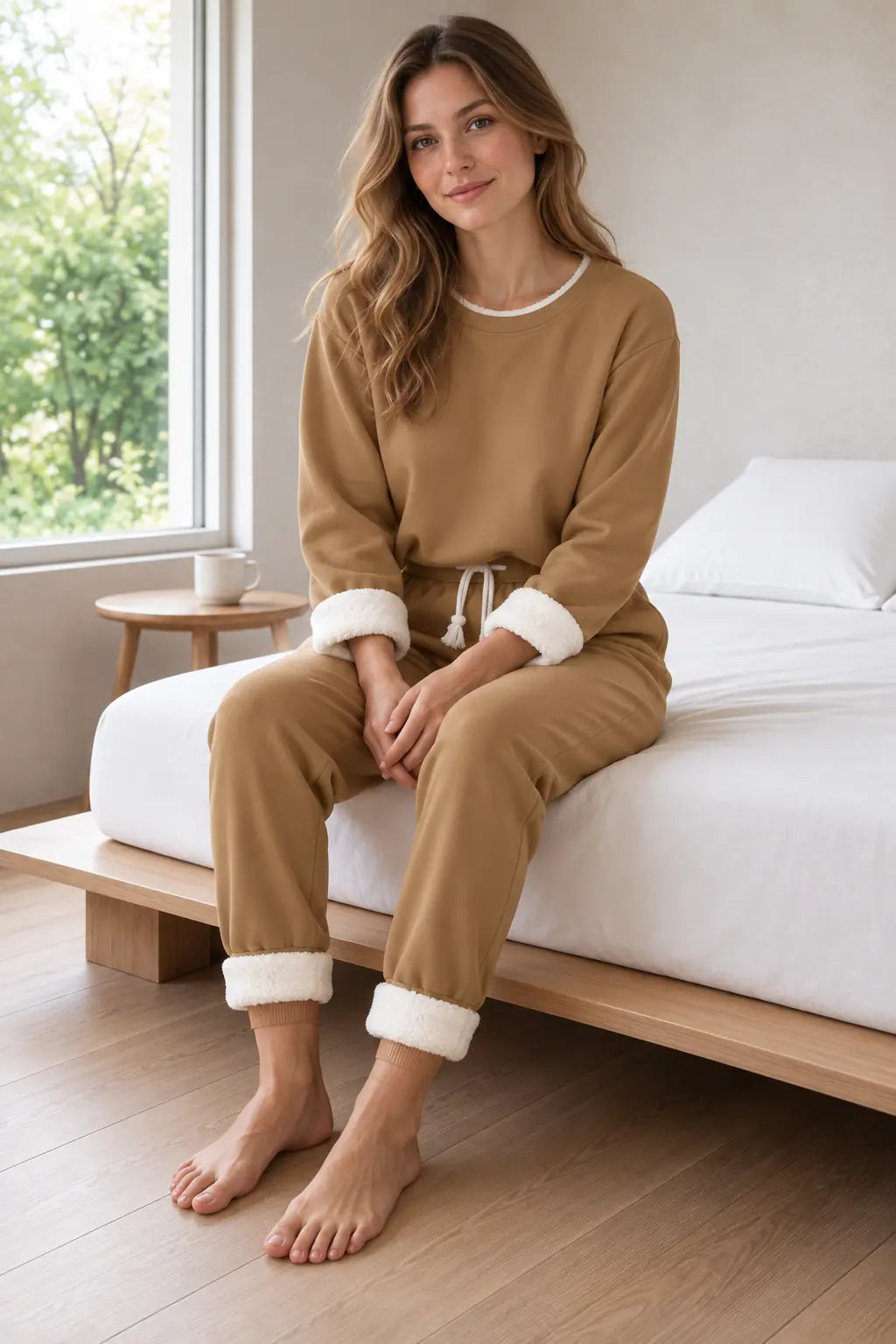 Lounge Set - Women's Sherpa-Lined Crewneck Sweatshirt & Joggers - Camel
