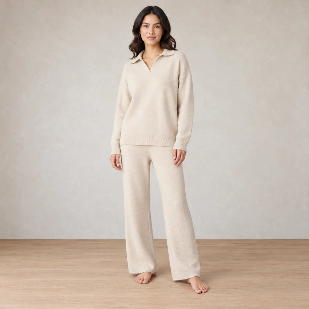 Lounge Set - Women's Collared Knit Sweater & Wide-Leg Pants - Ivory