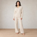 Lounge Set - Women's Collared Knit Sweater & Wide-Leg Pants - Ivory