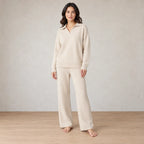 Lounge Set - Women's Collared Knit Sweater & Wide-Leg Pants - Ivory