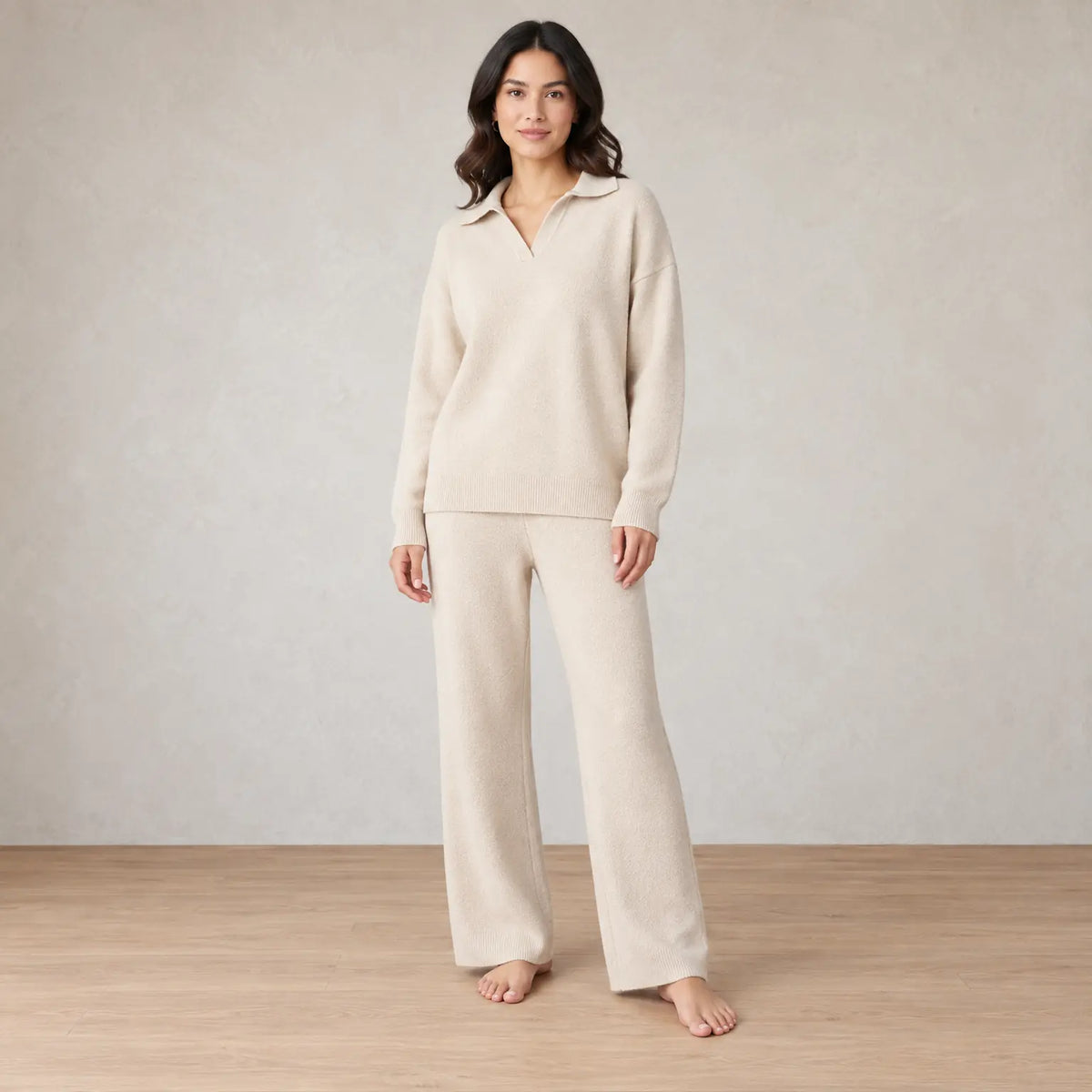 Lounge Set - Women's Collared Knit Sweater & Wide-Leg Pants - Ivory