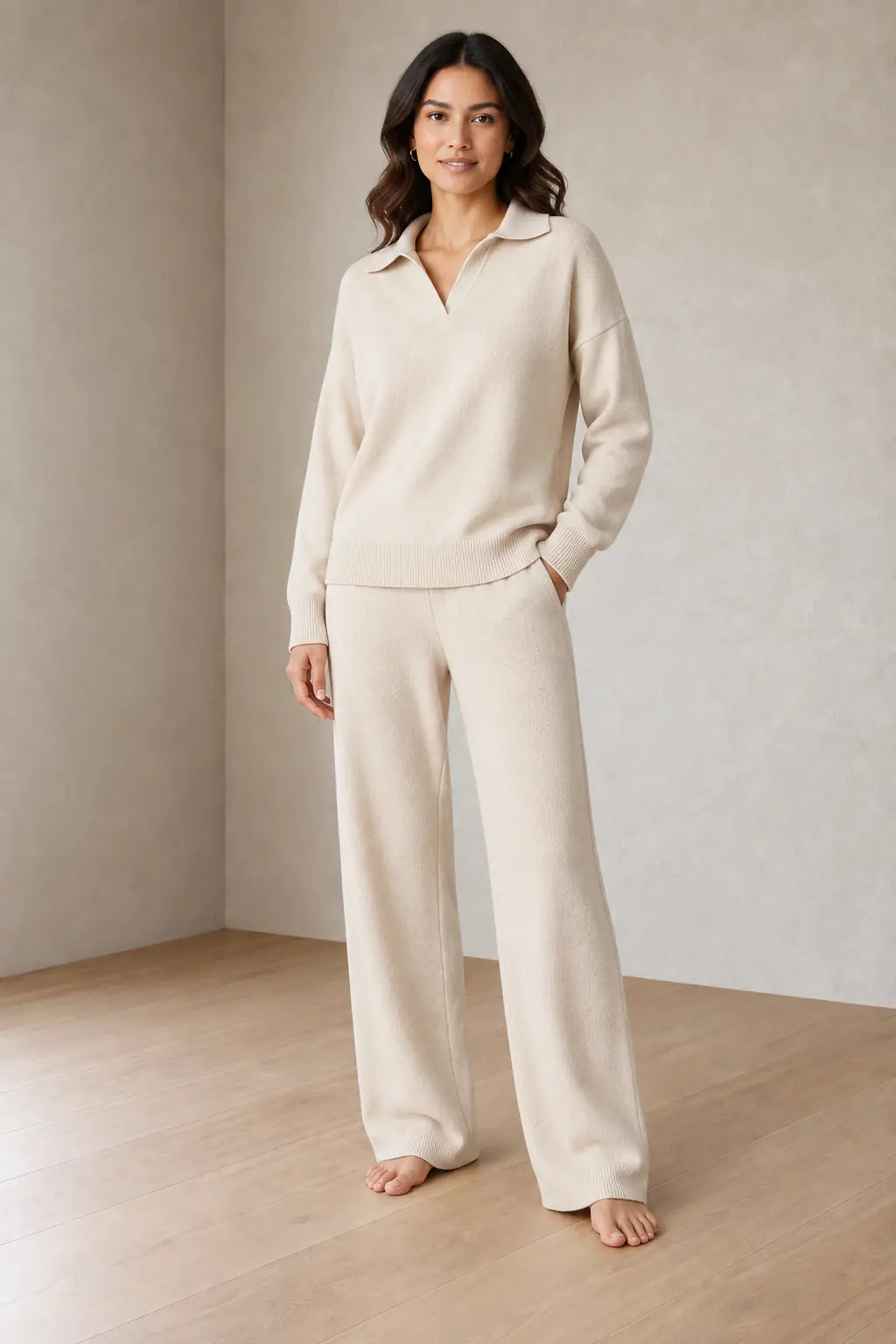 Lounge Set - Women's Collared Knit Sweater & Wide-Leg Pants - Ivory