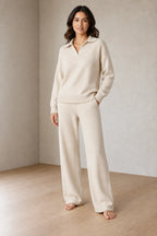 Lounge Set - Women's Collared Knit Sweater & Wide-Leg Pants - Ivory