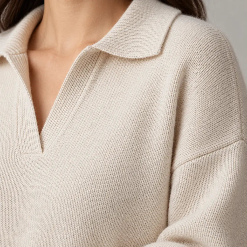 Lounge Set - Women's Collared Knit Sweater & Wide-Leg Pants - Ivory