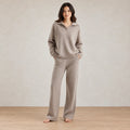 Lounge Set - Women's Collared Knit Sweater & Wide-Leg Pants - Taupe