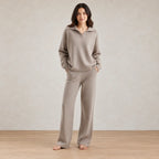 Lounge Set - Women's Collared Knit Sweater & Wide-Leg Pants - Taupe