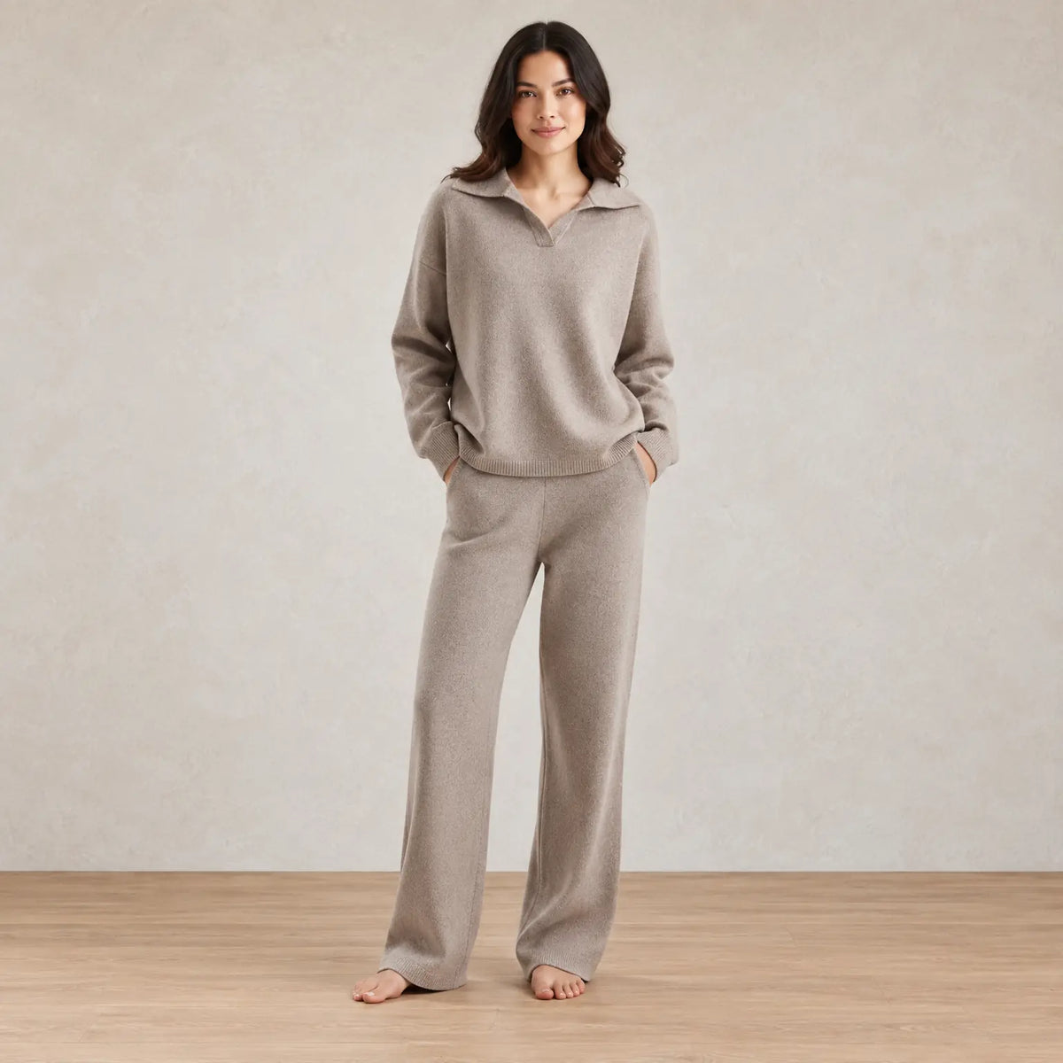 Lounge Set - Women's Collared Knit Sweater & Wide-Leg Pants - Taupe