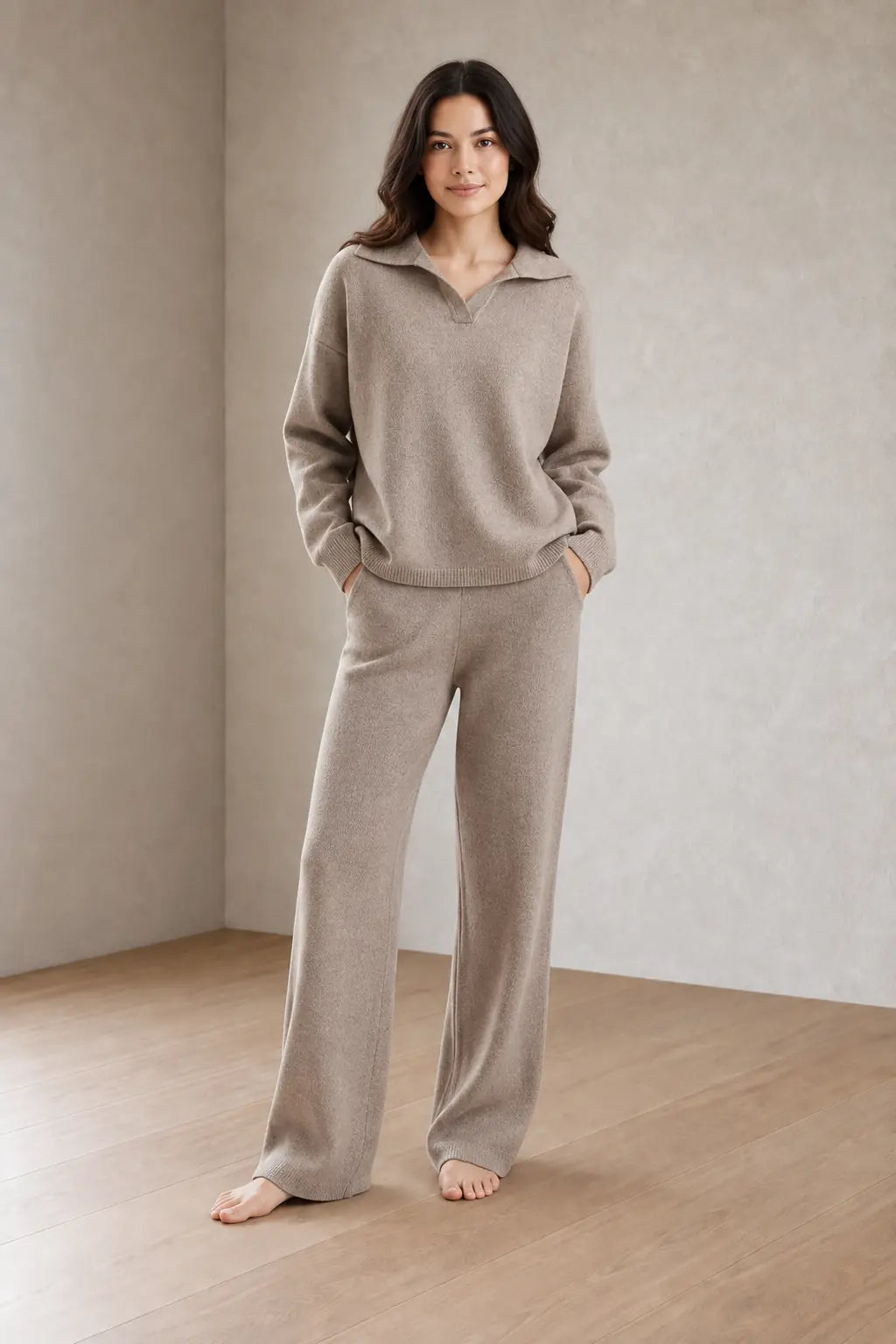 Lounge Set - Women's Collared Knit Sweater & Wide-Leg Pants - Taupe
