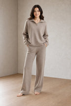 Lounge Set - Women's Collared Knit Sweater & Wide-Leg Pants - Taupe