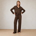 Women's Pajama Set - Notch Collar Button-Front Long Sleeve Top & Pants - Brown