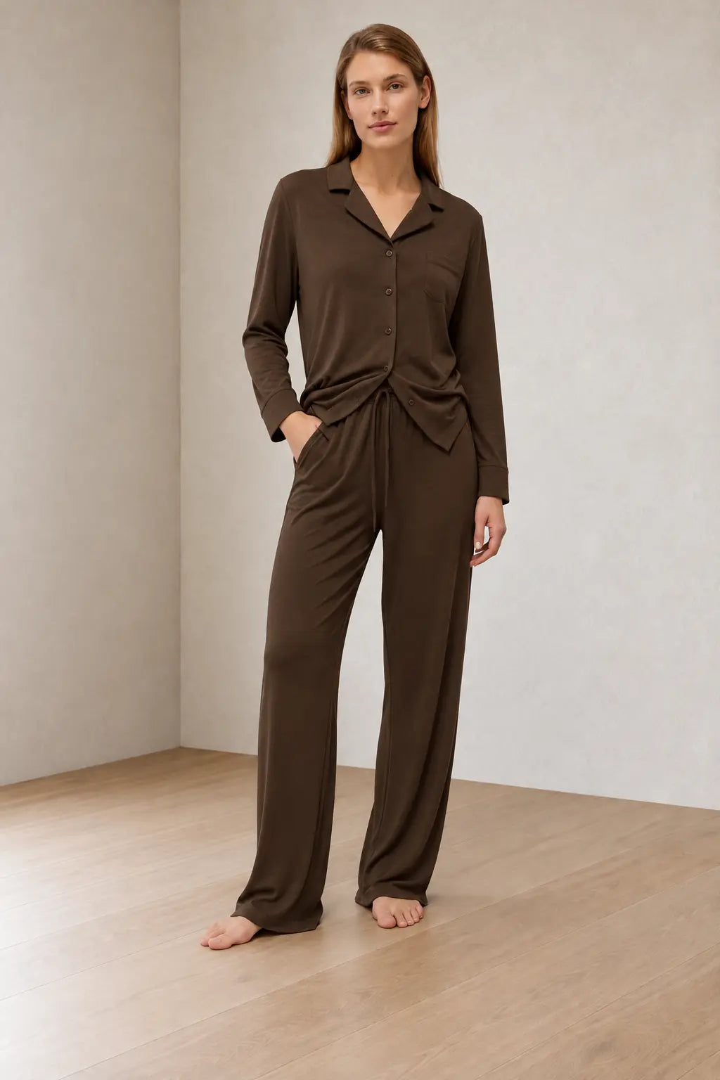 Women's Pajama Set - Notch Collar Button-Front Long Sleeve Top & Pants - Brown