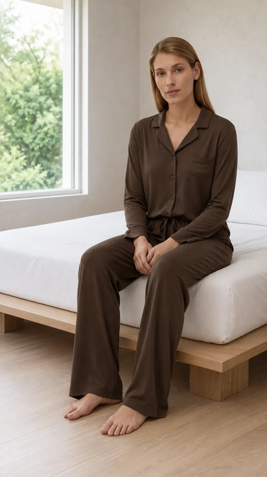 Women's Pajama Set - Notch Collar Button-Front Long Sleeve Top & Pants - Brown