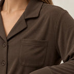 Women's Pajama Set - Notch Collar Button-Front Long Sleeve Top & Pants - Brown