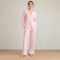 Women's Pajama Set - Notch Collar Button-Front Long Sleeve Top & Pants - Pink