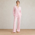Women's Pajama Set - Notch Collar Button-Front Long Sleeve Top & Pants - Pink