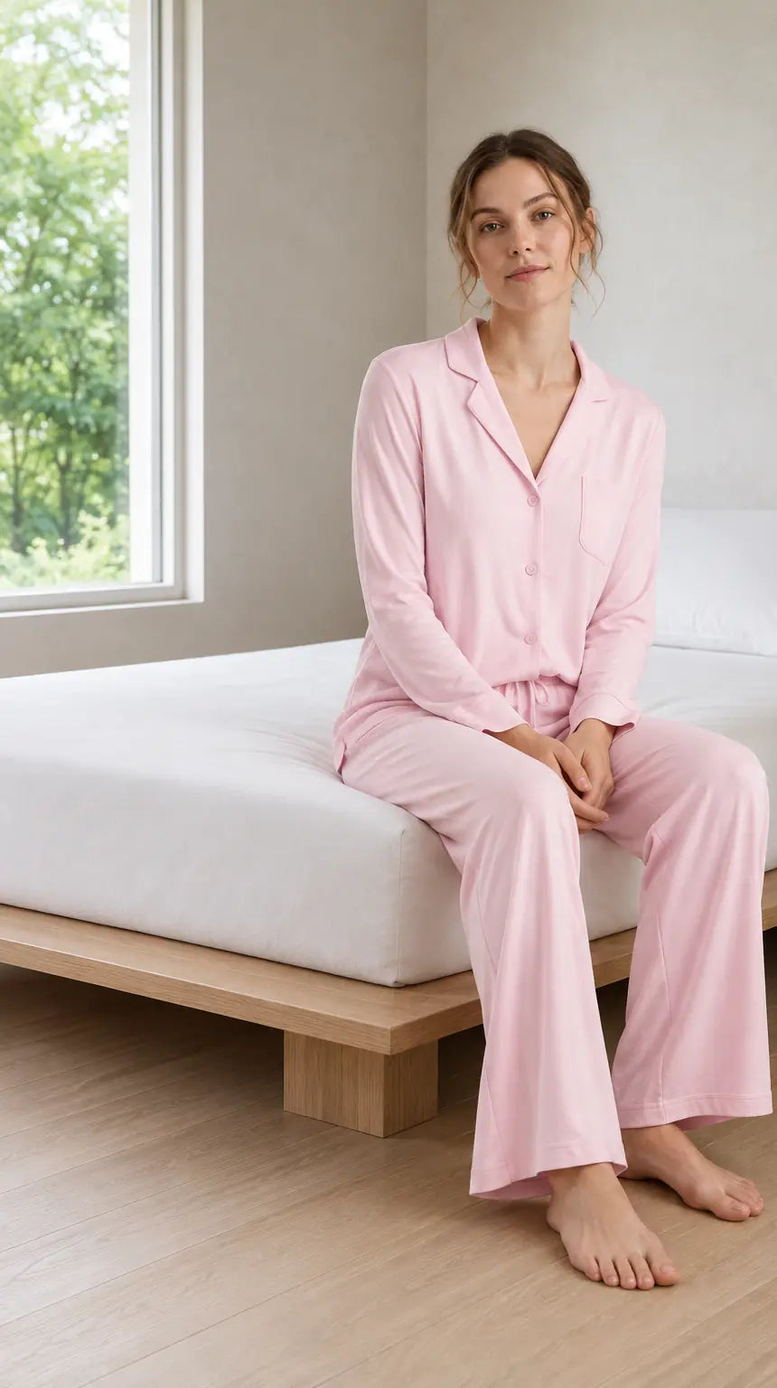 Women's Pajama Set - Notch Collar Button-Front Long Sleeve Top & Pants - Pink