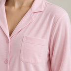 Women's Pajama Set - Notch Collar Button-Front Long Sleeve Top & Pants - Pink