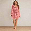 Women's Sherpa Robe - Hooded Belted Wrap with Patch Pockets - Pink