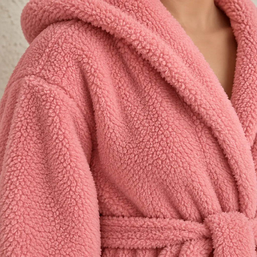 Women's Sherpa Robe - Hooded Belted Wrap with Patch Pockets - Pink