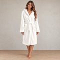 Women's Sherpa Robe - Hooded Belted Wrap with Patch Pockets - White